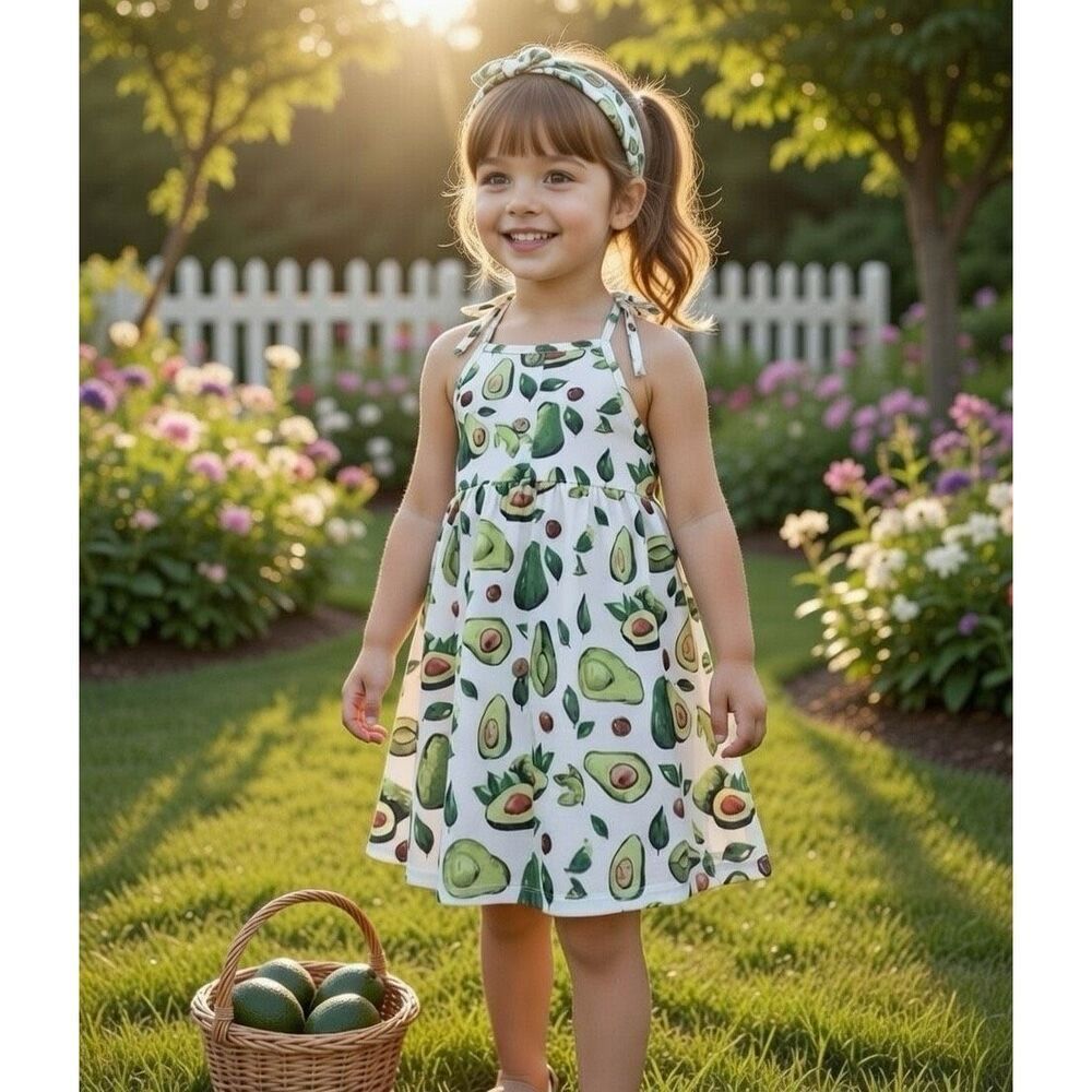 Girl’s White & Green Avocado Sundress Sleeveless Dress Size 4t/ 110 & Headband